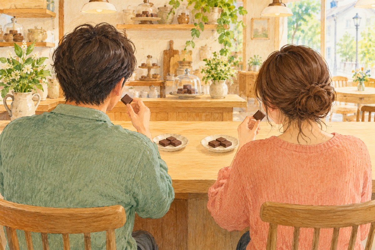 小さなお店で並んで同じチョコを味わう二人の後ろ姿
