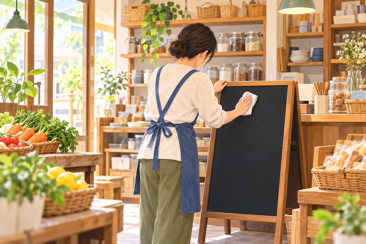 店主が店内の黒板を書き換える場面